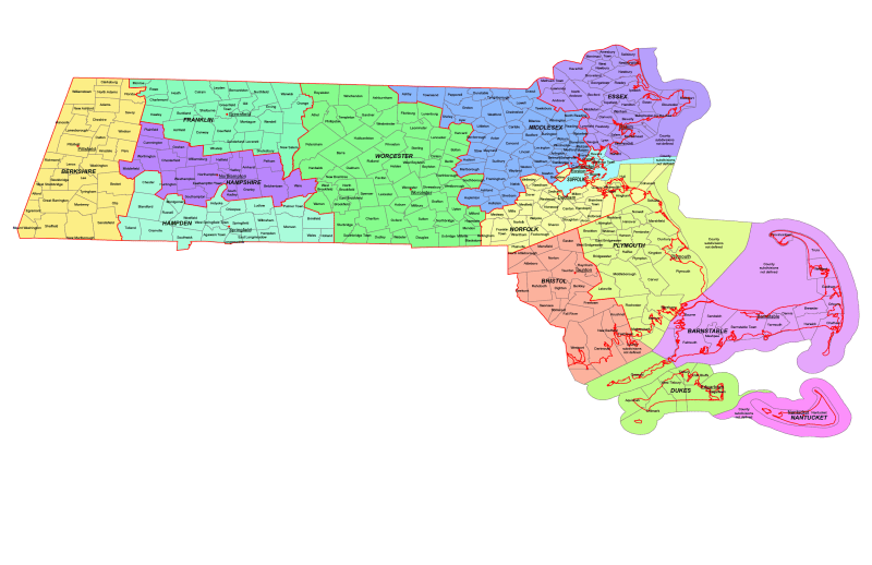 Massachusetts county and communities map
