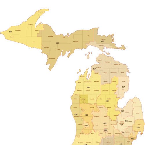 Michigan 3-Digit ZIP Code Map with Counties — Vector Map