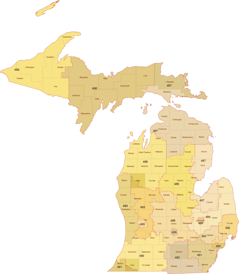 Michigan 3-Digit ZIP Code Map with Counties — Vector Map
