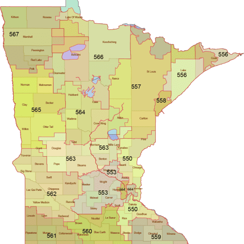 Minnesota 3-Digit ZIP Code Map with Counties