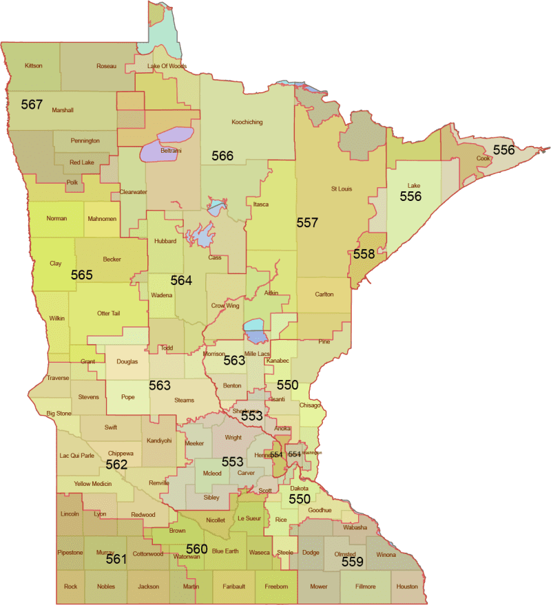 Minnesota 3-Digit ZIP Code Map with Counties