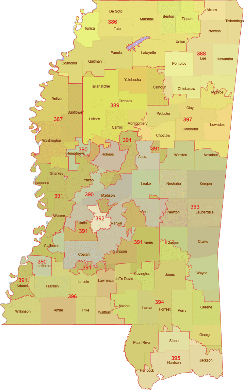 Mississippi 3-Digit ZIP Code Map with Counties