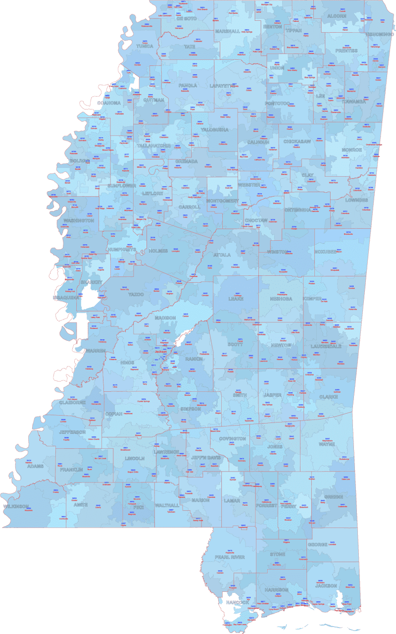 MS ZIP Code Map With Cities Counties