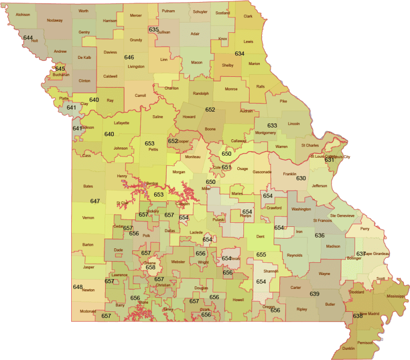 Missouri 3 digit zip code with counties Missouri 3-Digit ZIP Code Map with Counties