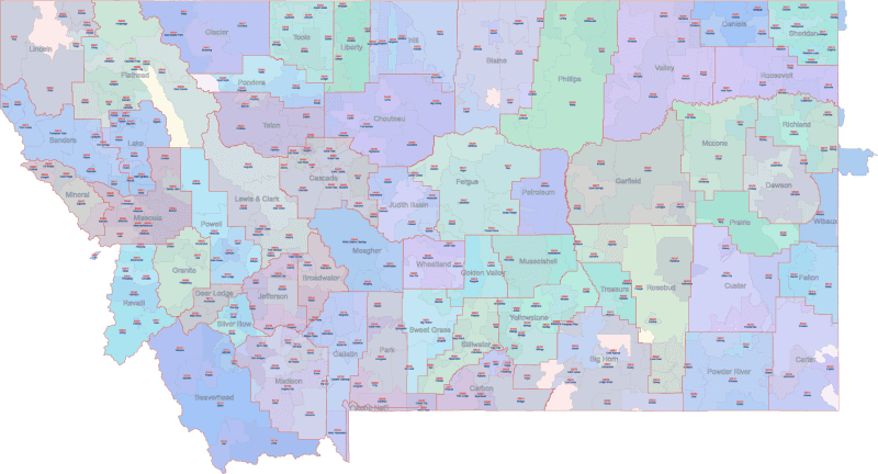 MT ZIP Code Map With Cities Counties
