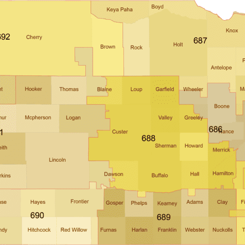 Nebraska 3-Digit ZIP Code Map with Counties