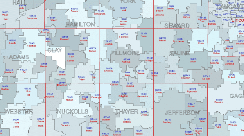 NE-ZIP Code Map With Cities Counties