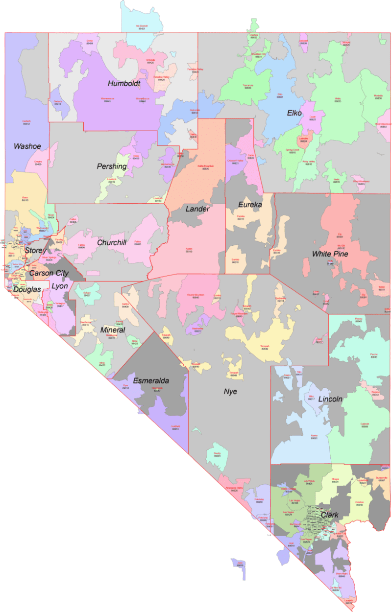 Nevada Zip Codes with Cities & Counties