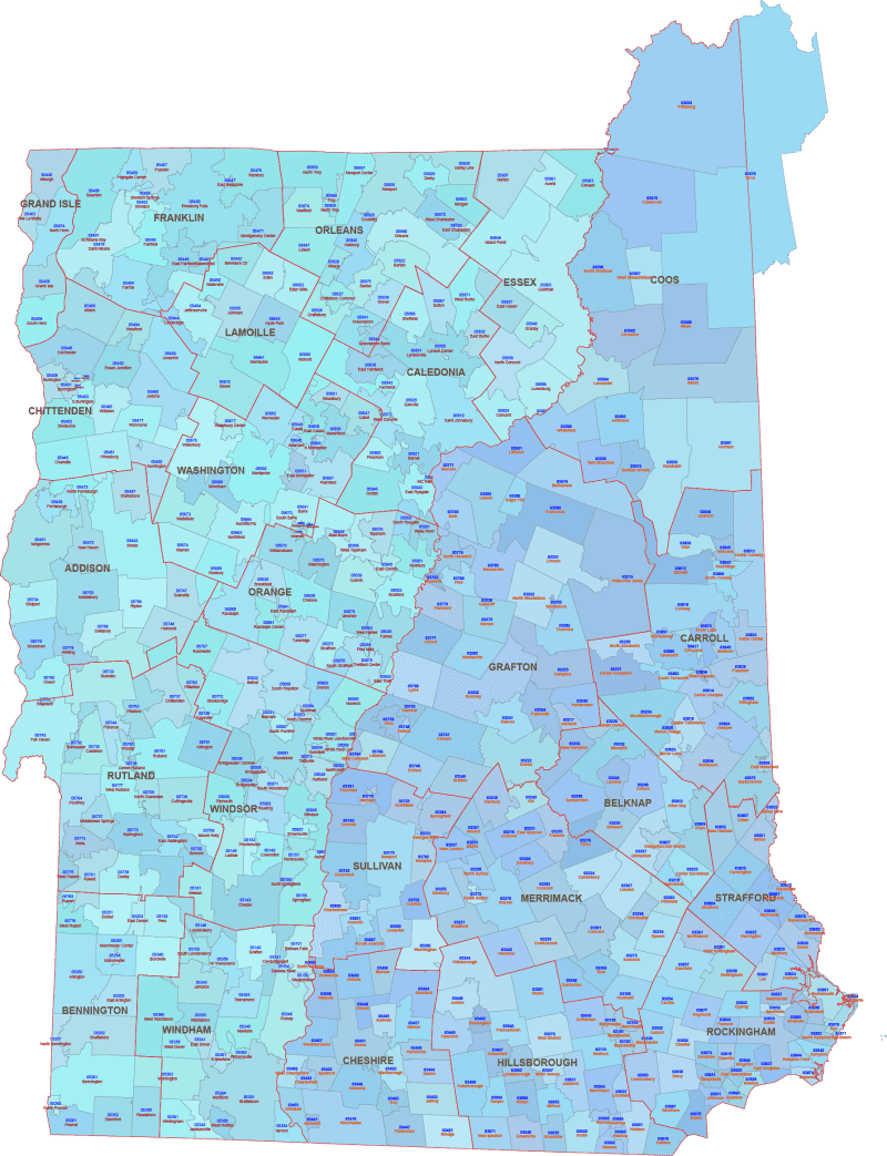 NH VT ZIP Map With Cities Counties