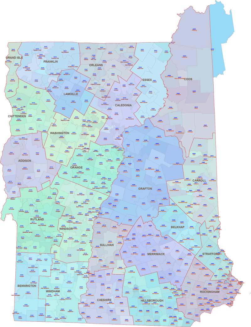 NH VT ZIP Map With Cities Counties