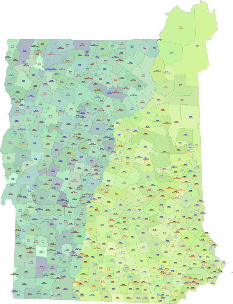 NH and VT ZIP Codes Map with Cities