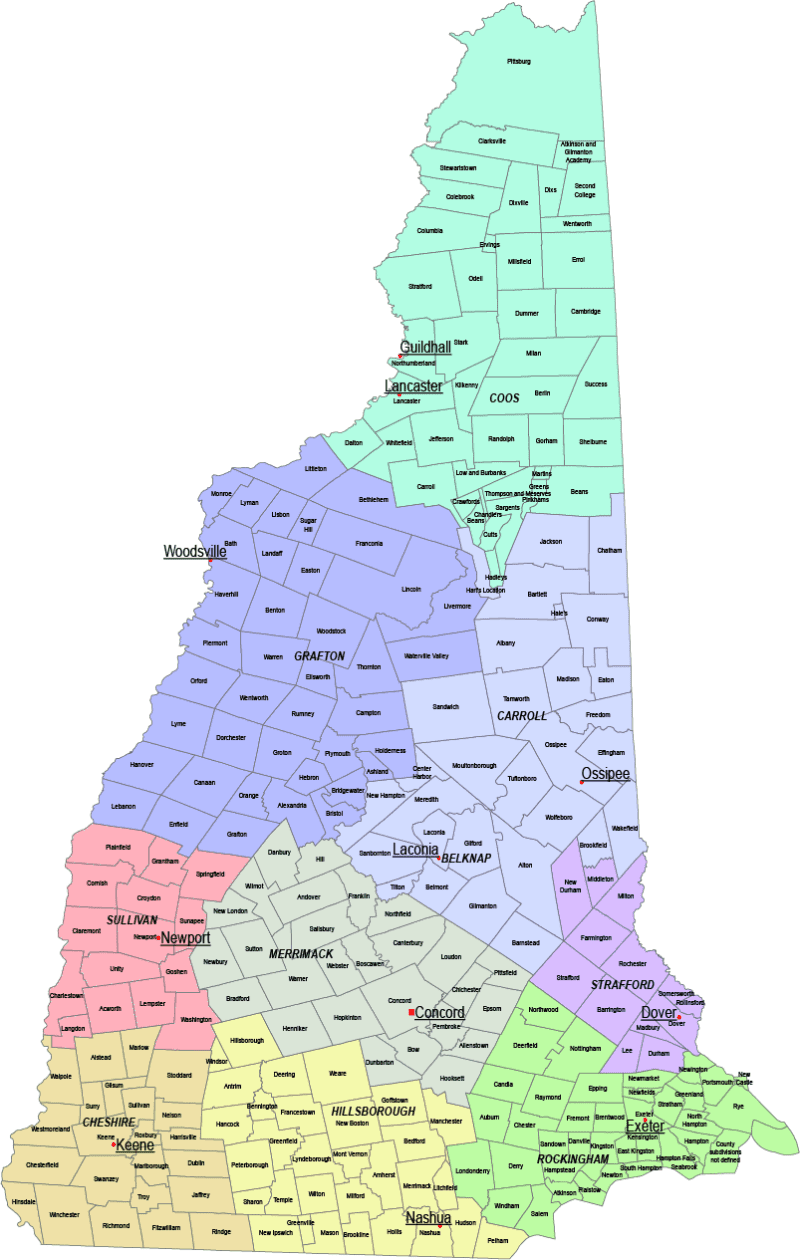 New Hampshire County and Communities Map
