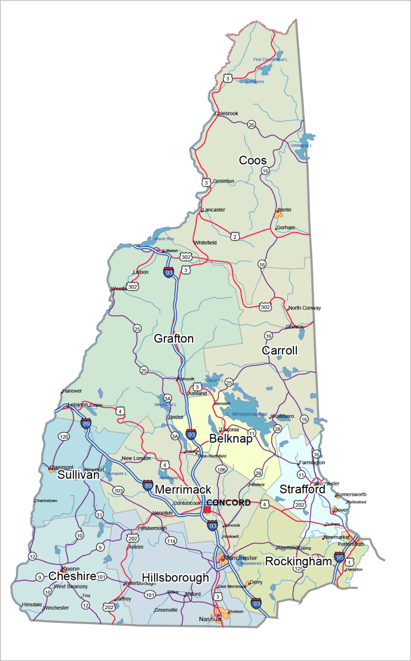 New Hampshire Road and City Map