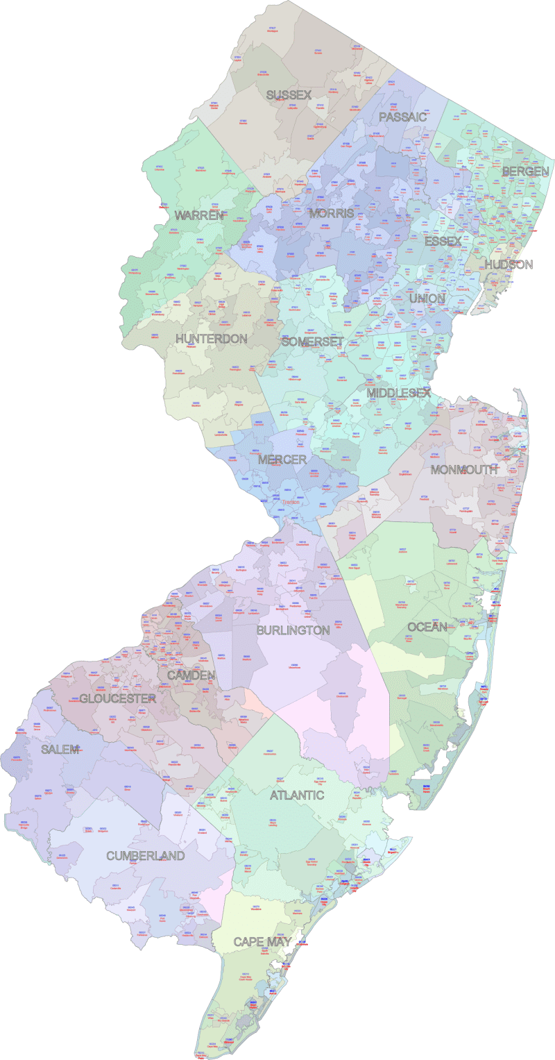 NJ Zip Codes with Cities and Counties