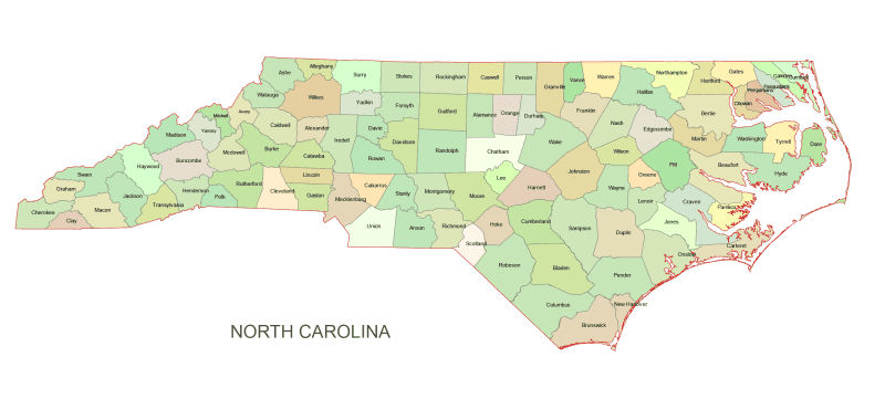North Carolina Colored County Map