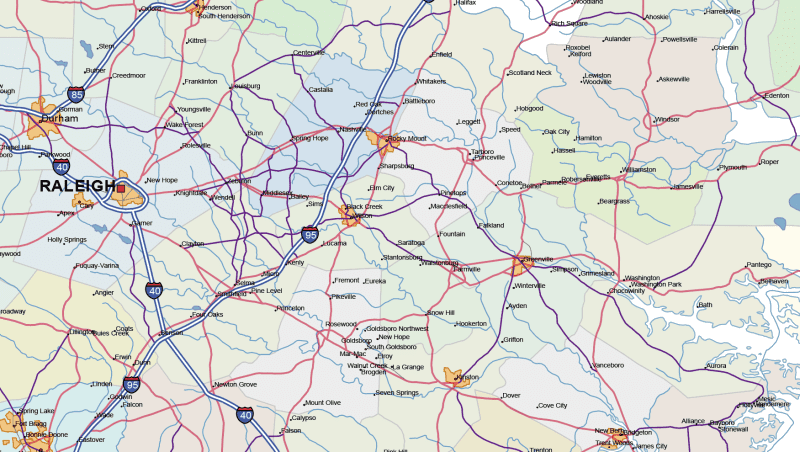 North Carolina road and city-detail