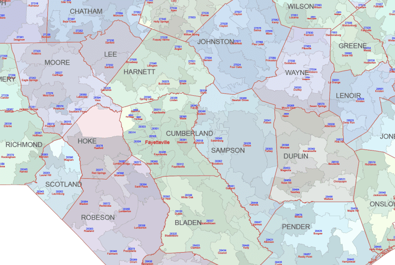 NC ZIP Code Map With Cities Counties