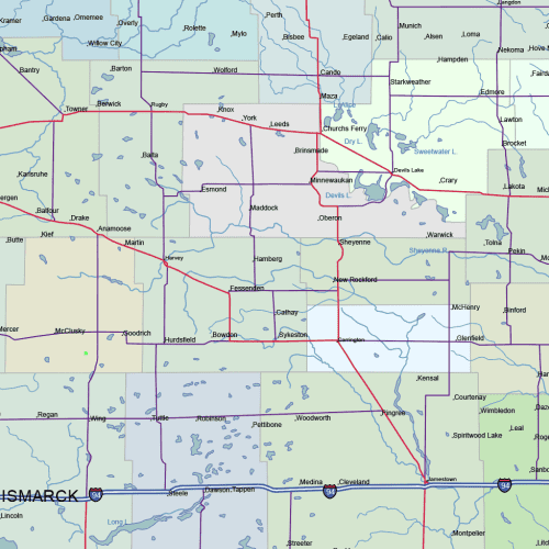 North Dakota road and city map, details