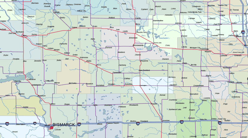 North Dakota road and city map, details