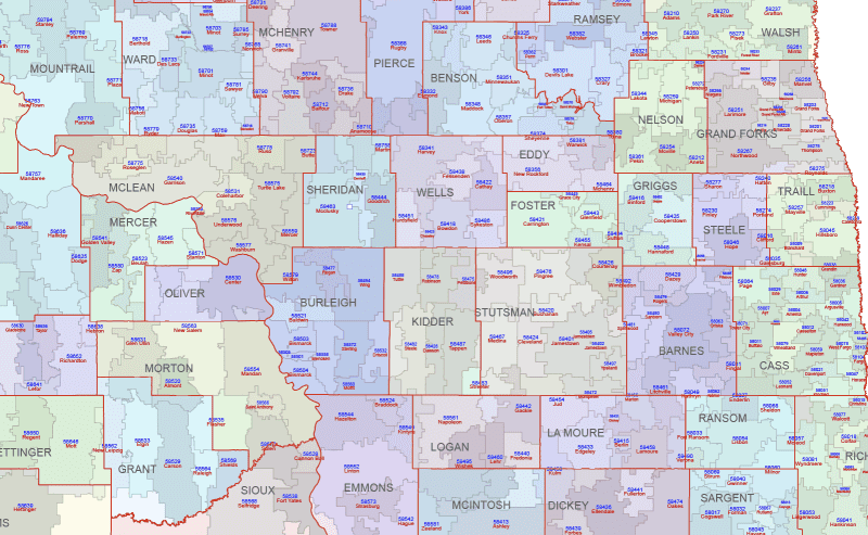 ND ZIP Code Map With Cities Counties
