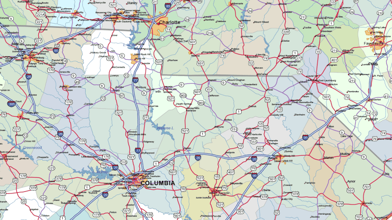 North and South Carolina Road Map