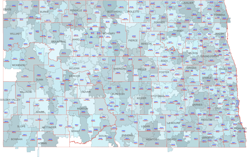 ND ZIP Code Map With Cities Counties