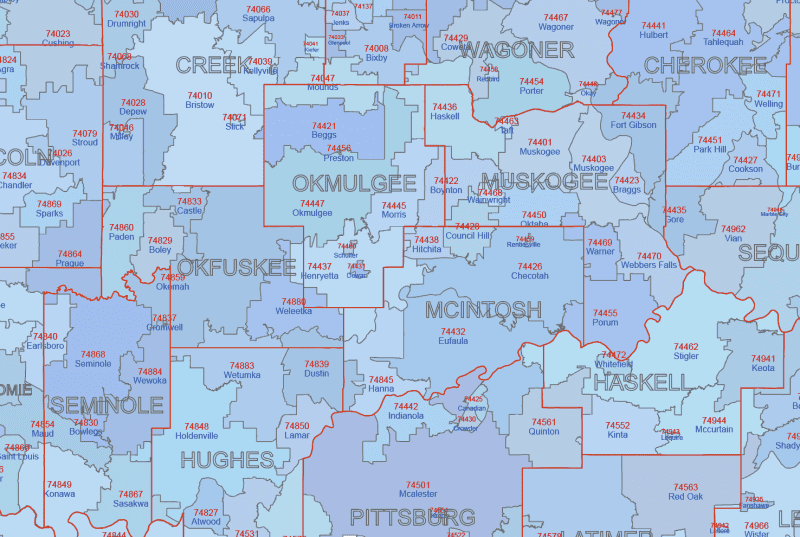 OK ZIP Code Map With Cities Counties