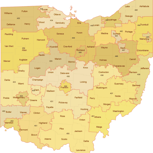 Ohio 3-Digit ZIP Code Map with Counties