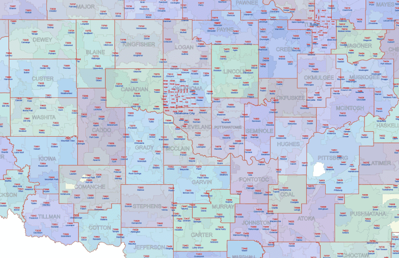 OK ZIP Code Map With Cities Counties