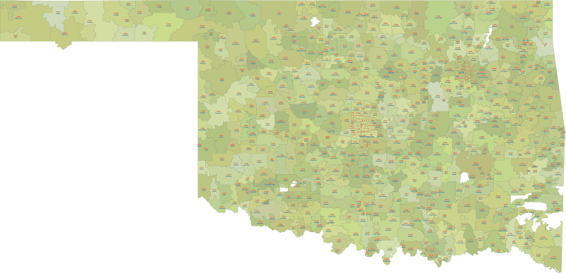 Oklahoma ZIP Cose Map With Cities