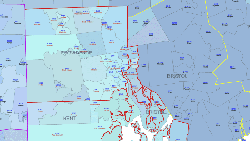 RI ZIP Code Map With Cities Counties