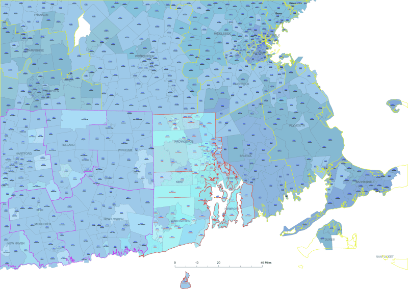 RI ZIP Code Map With Cities Counties