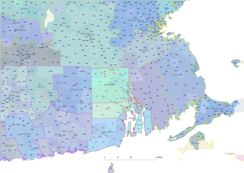 RI ZIP Code Map With Cities Counties