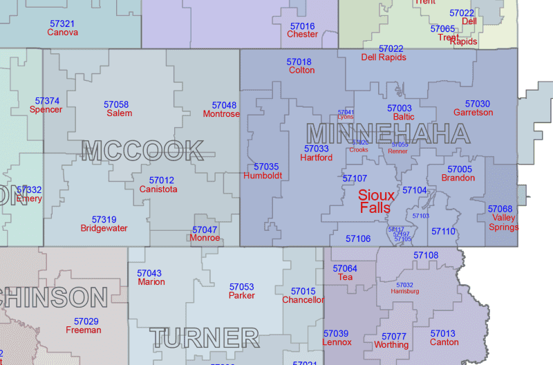 SD ZIP Code Map With Cities Counties