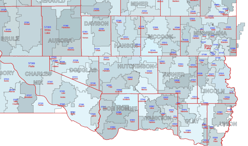 SD ZIP Code Map With Cities Counties