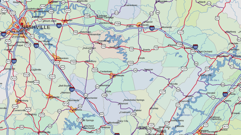 Tennessee Road and City Map