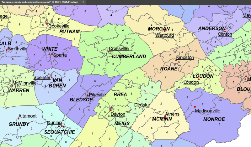 Tennessee subcounty map - detail