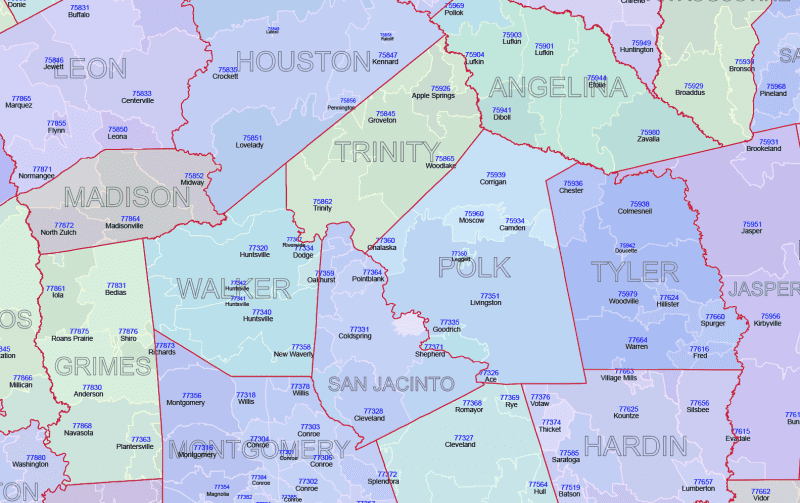 TX ZIP Code Map With Cities Counties
