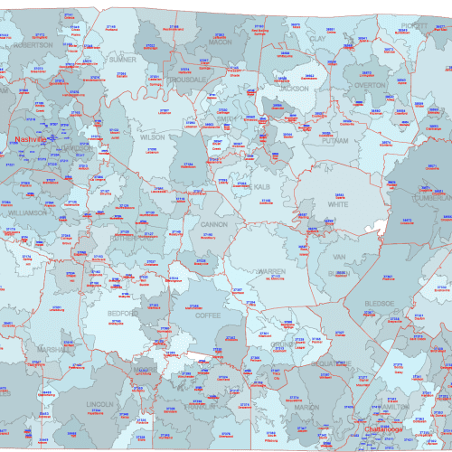 TN ZIP Code Map With Cities Counties