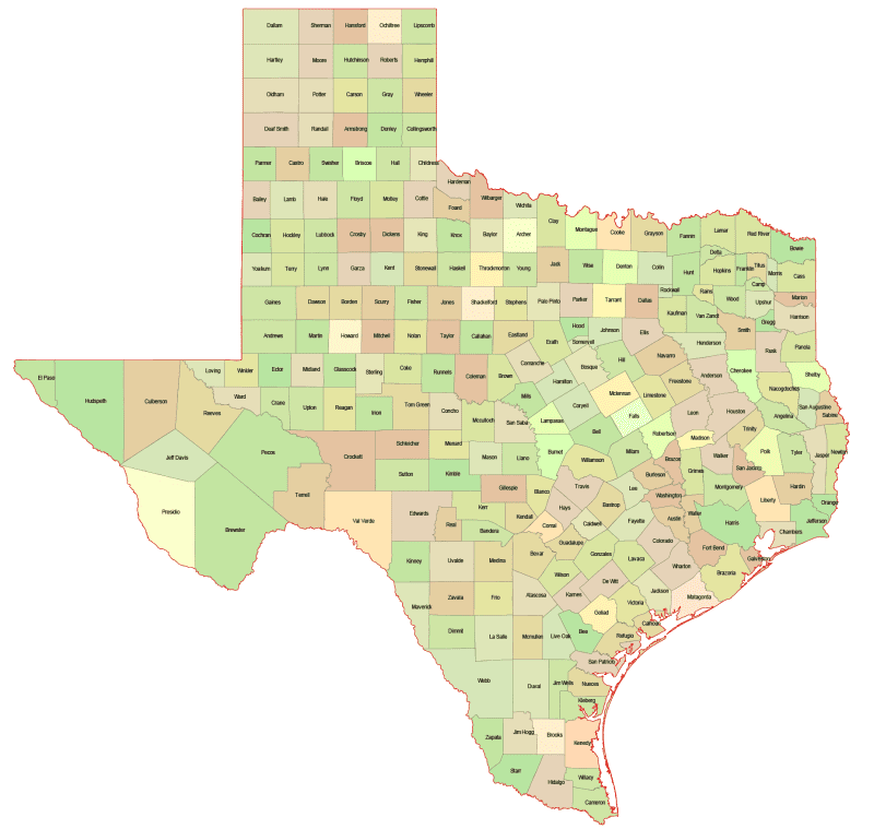 Texas Colored County Map