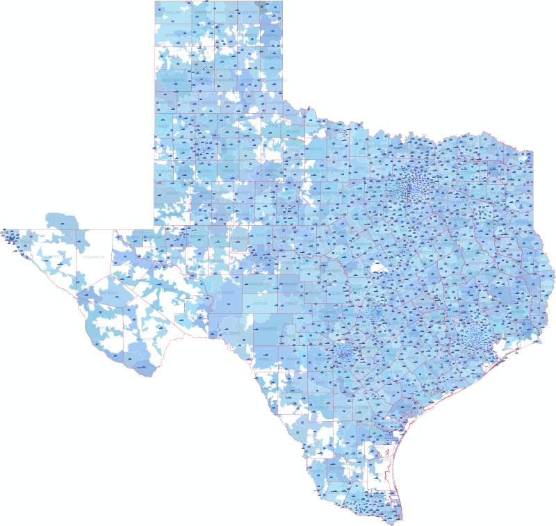 TX ZIP Code Map With Cities Counties