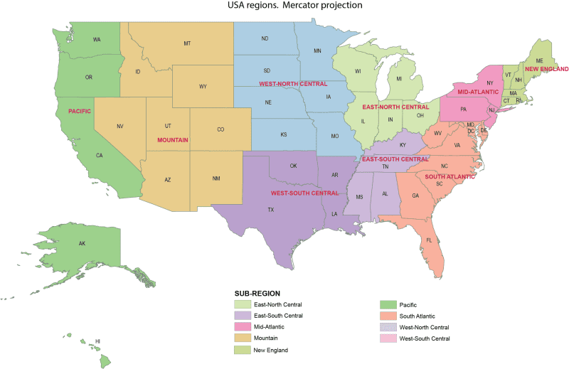 US Regions Mercator Map