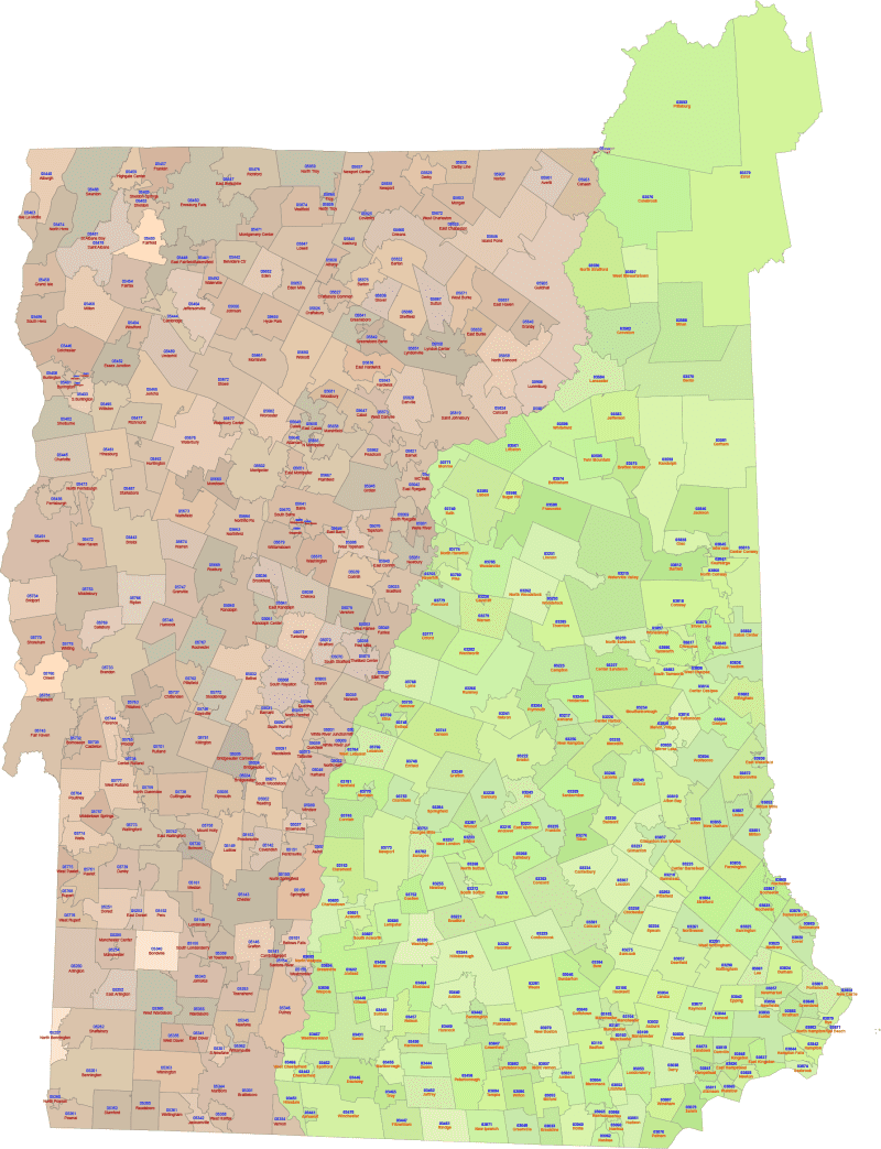 VT And New Hampshire Zip Code Map