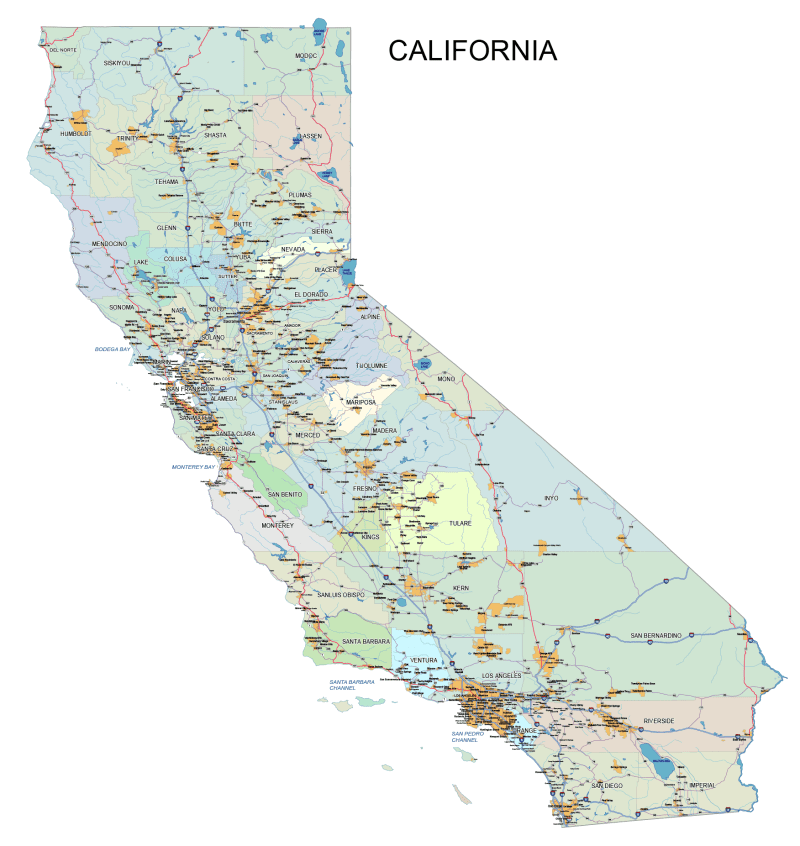California road and city map