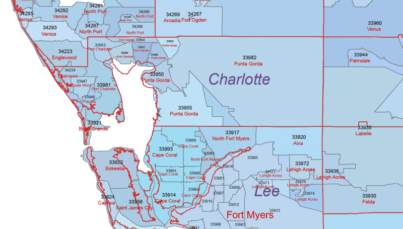 FL ZIP Code Map With Cities Counties