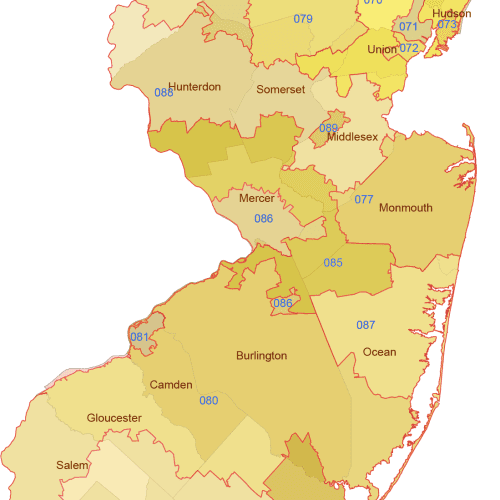 New Jersey 3-Digit ZIP Code Map with Counties