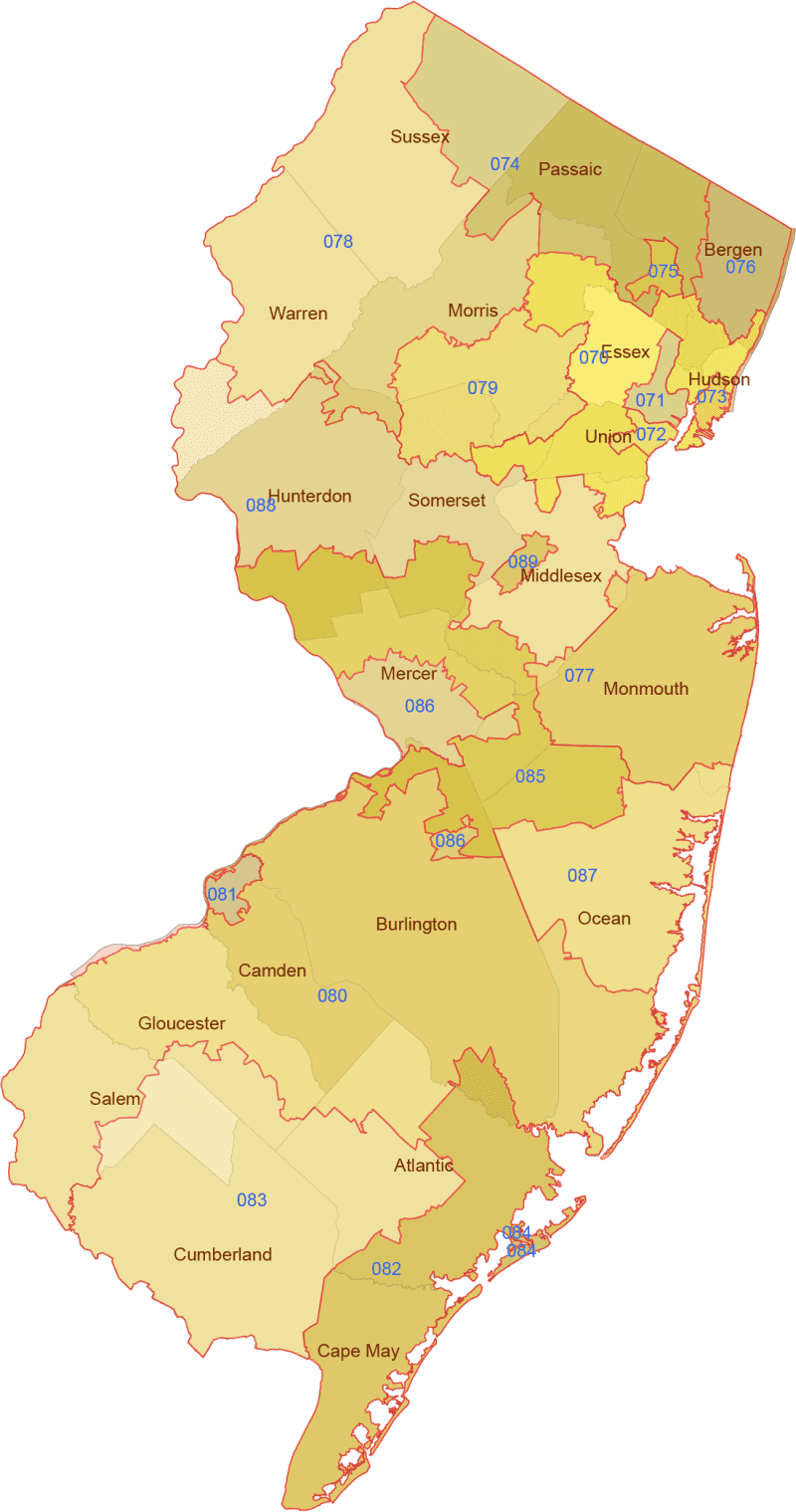 new-jersey-3-digit-zip-code-map New Jersey 3-Digit ZIP Code Map with Counties