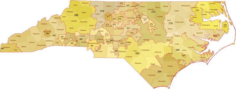 north-carolina-3-digit-zip-code-map North Carolina 3-Digit ZIP Code Map with Counties