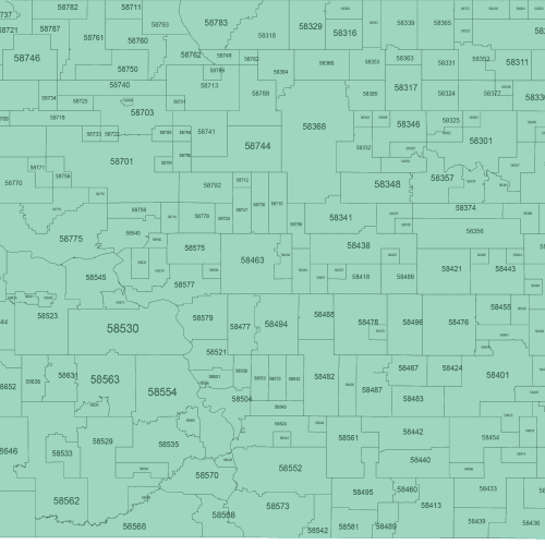 North Dakota ZIP Code Map Basic