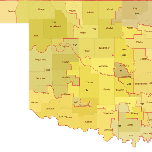 Oklahoma 3-Digit ZIP Code Map with Counties
